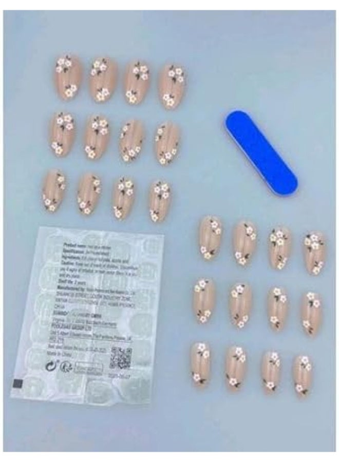 24 قطعة أظافر طويلة لامعة بنقشة زهرة اللوز - Image 3